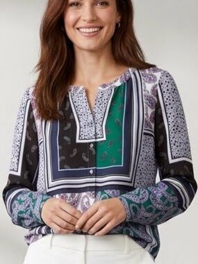 LOFT Womens Paisley Patchwork Split Neck Long Sleeve Blouse Green Purple S